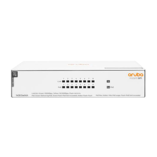 Aruba Instant On 1430 8G Class4 PoE 64W Non gestito L2 Gigabit Ethernet (10/100/1000) Supporto Power over Ethernet (PoE) Bianco [R8R46A#ABB]