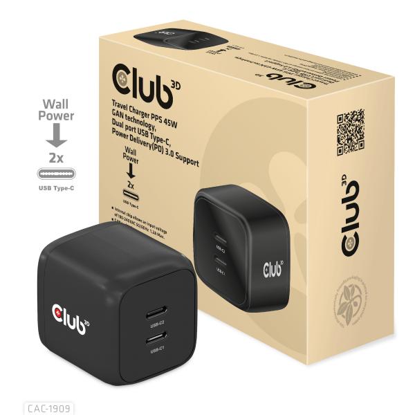 CLUB3D CARICATORE PPS 45W GAN technology, Dual port USB TYPE-C, PD 3.0 Support [CAC-1909]