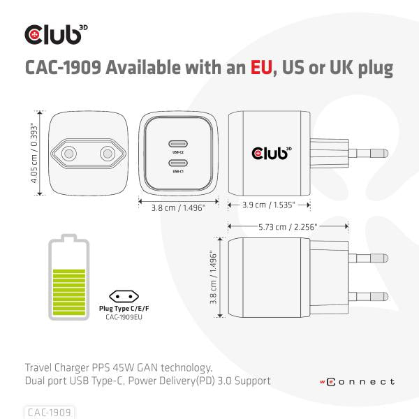 CLUB3D CARICATORE PPS 45W GAN technology, Dual port USB TYPE-C, PD 3.0 Support [CAC-1909]