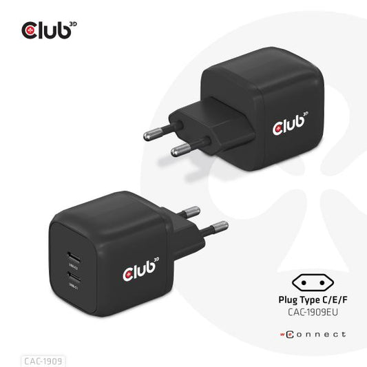 CLUB3D CARICATORE PPS 45W GAN technology, Dual port USB TYPE-C, PD 3.0 Support [CAC-1909]