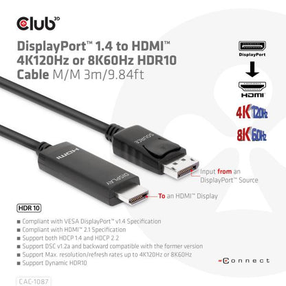 CLUB3D DISPLAYPORT 1.4 TO HDMI CABLE 4K144Hz or 8K60Hz HDR10 3M M/M [CAC-1087] 