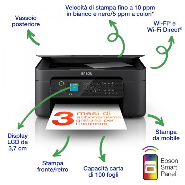 Epson WorkForce WF-2910DWF stampante multifunzione A4 getto d'inchiostro (stampa, scansione, copia) Display LCD 3.7cm, WiFi Direct, AirPrint, 3 mesi inchiostro incluso con ReadyPrint [C11CK64402]