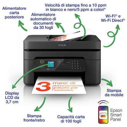 Impresora multifunción de inyección de tinta Epson WorkForce WF-2930DWF A4 (imprime, escanea, copia), pantalla LCD de 3,7 cm, ADF, WiFi Direct, 3 meses de tinta incluidos con ReadyPrint [C11CK63403] 