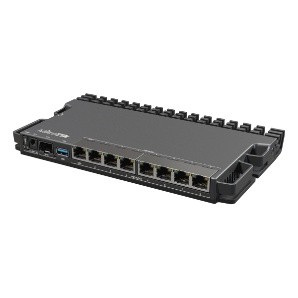 MikroTik RouterBORD 5009UPr+S+IN with Marvell Armada ARMv8 CPU (4-cores, 1.4GHz per core), 1GB of DDR4 RAM, 1GB NAND storage, 1x 2.5Gbit LAN (802.3af/at PoE-out and POE-in), 7x 1Gbit LAN (80 [RB5009UPr+S+IN]