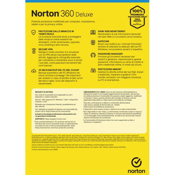 NortonLifeLock Norton 360 Deluxe 2023 Antivirus per 3 dispositivi Licenza di 1 anno Secure VPN e Password Manager PC, Mac, tablet e smartphone [21429480]