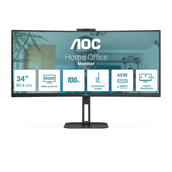 AOC MONITOR CURVO 34 LED VA WQHD 21:9 4MS 300 CDM, REG ALTEZZA, USB-C DOCK, DP/HDMI, MULTIMEDIALE [CU34V5C/BK]