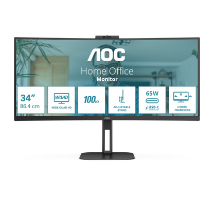 AOC MONITOR CURVO 34 LED VA WQHD 21:9 4MS 300 CDM, REG ALTEZZA, USB-C DOCK, DP/HDMI, MULTIMEDIALE [CU34V5C/BK]