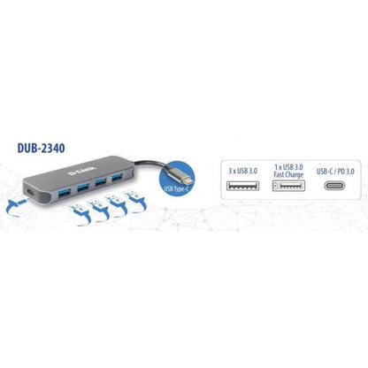 D-Link DUB-2340 hub di interfaccia USB tipo-C 5000 Mbit/s Grigio [DUB-2340]