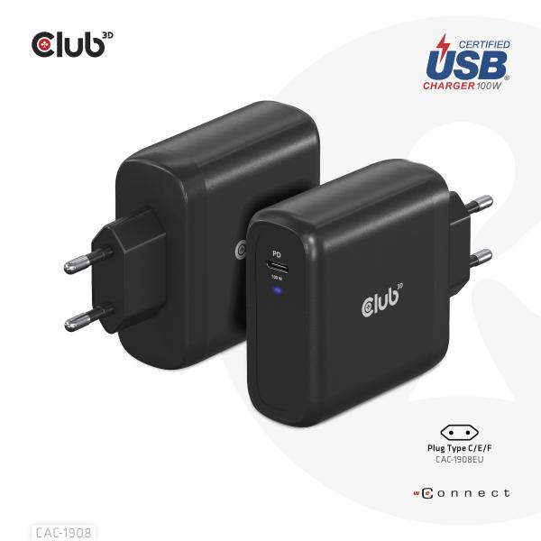 CLUB3D CARICATORE 100 Watt GAN TECHN. USB-IF TID Single port USB Type-C, PD 3.0 Support [CAC-1908]