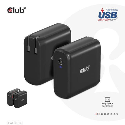 CLUB3D CARICATORE 100 Watt GAN TECHN. USB-IF TID Single port USB Type-C, PD 3.0 Support [CAC-1908]