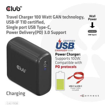 CLUB3D CARICATORE 100 Watt GAN TECHN. USB-IF TID Single port USB Type-C, PD 3.0 Support [CAC-1908]