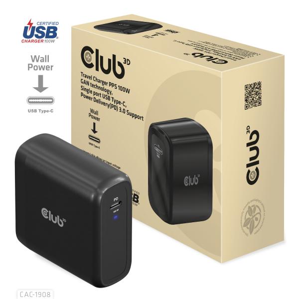 CLUB3D CARICATORE 100 Watt GAN TECHN. USB-IF TID Single port USB Type-C, PD 3.0 Support [CAC-1908]