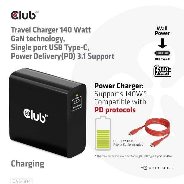 CLUB 3D TRAVEL CHARGER 140 WATT GaN TECHNOLOGY SINGLE PORT USB TYPE-C POWER DELIVERY(PD) 3.1 SUPPORT [CAC-1914EU]