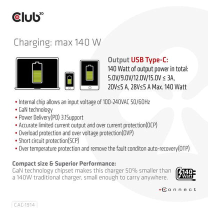 CLUB 3D TRAVEL CHARGER 140 WATT GaN TECHNOLOGY SINGLE PORT USB TYPE-C POWER DELIVERY(PD) 3.1 SUPPORT [CAC-1914EU]