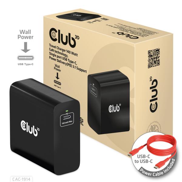 CLUB 3D TRAVEL CHARGER 140 WATT GaN TECHNOLOGY SINGLE PORT USB TYPE-C POWER DELIVERY(PD) 3.1 SUPPORT [CAC-1914EU]