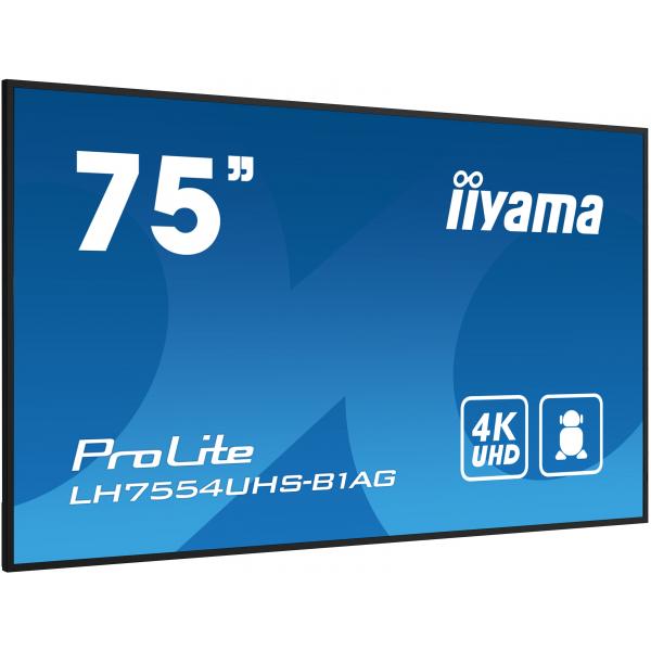 iiyama LH7554UHS-B1AG visualizzatore di messaggi Pannello piatto per segnaletica digitale 190,5 cm (75") LCD Wi-Fi 500 cd/m 4K Ultra HD Nero Processore integrato Android 11 24/7 [LH7554UHS-B1AG]