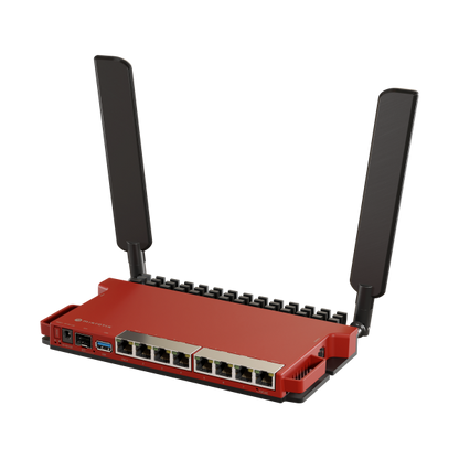 MikroTik, L009UiGS-2HaxD con CPU de doble núcleo de 800 MHz, 512 MB de RAM, 8 x Gbit LAN, 1 x puerto SFP de 2,5 Gbit, 2,4 GHz 802.11b/g/n/ax inalámbrico de doble cadena, antenas externas de 4 dBi 2,4 GHz, USB, escritorio ca [L009UiGS-2HaxD-IN] 