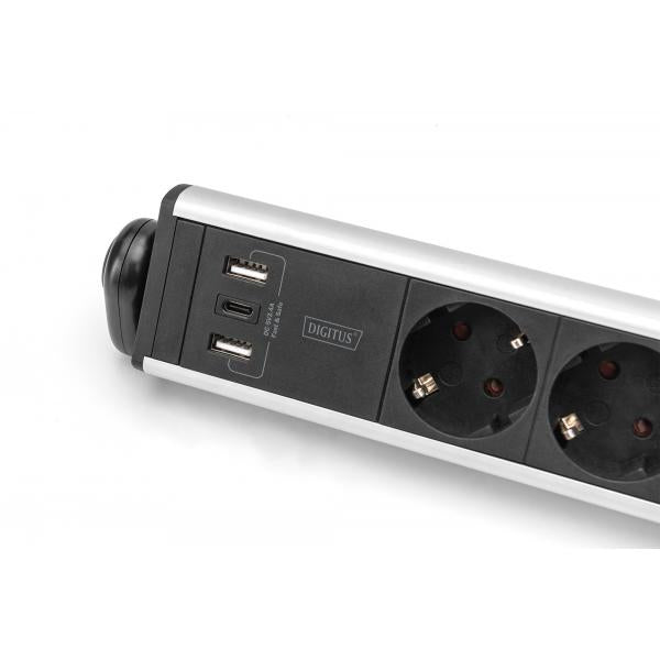 Digitus 6-way office power strip with 3x USB ports - Aluminium Housing - Black/Silver [DA-70624]