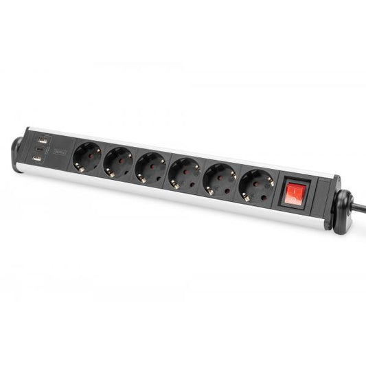 Digitus 6-way office power strip with 3x USB ports - Aluminium Housing - Black/Silver [DA-70624]