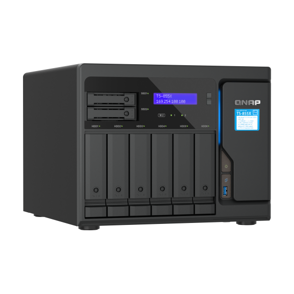 QNAP NAS - 8-Bay NAS, Intel Atom C5125 8-core/8-thread 2.8GHz processor, 8 GB UDIMM DDR4 non-ECC (1 x 8GB), 4 x UDIMM DDR4 slots with ECC supported, 6 x 2.5"/3.5" SATA HDD/SSD bays + 2 x 2 [TS-855X-8G]