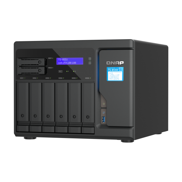 QNAP NAS - 8-Bay NAS, Intel Atom C5125 8-core/8-thread 2.8GHz processor, 8 GB UDIMM DDR4 non-ECC (1 x 8GB), 4 x UDIMM DDR4 slots with ECC supported, 6 x 2.5"/3.5" SATA HDD/SSD bays + 2 x 2 [TS-855X-8G]