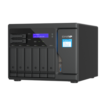 QNAP NAS - 8-Bay NAS, Intel Atom C5125 8-core/8-thread 2.8GHz processor, 8 GB UDIMM DDR4 non-ECC (1 x 8GB), 4 x UDIMM DDR4 slots with ECC supported, 6 x 2.5"/3.5" SATA HDD/SSD bays + 2 x 2 [TS-855X-8G]