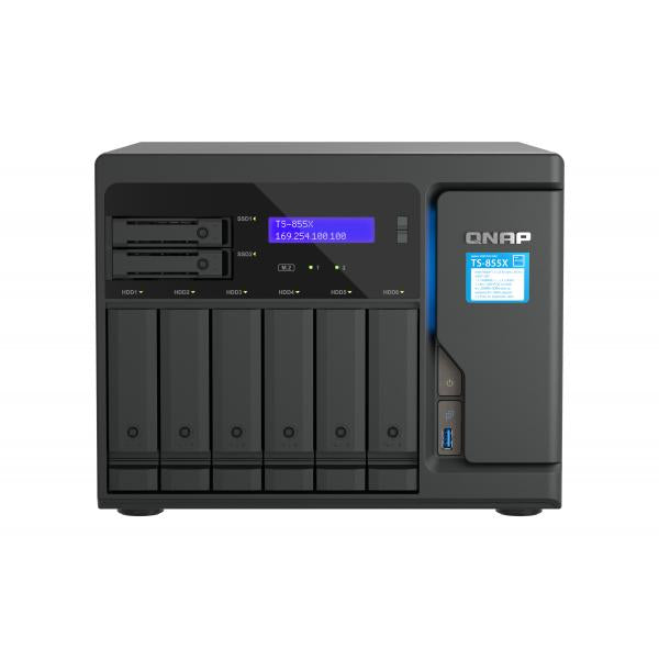 QNAP NAS - 8-Bay NAS, Intel Atom C5125 8-core/8-thread 2.8GHz processor, 8 GB UDIMM DDR4 non-ECC (1 x 8GB), 4 x UDIMM DDR4 slots with ECC supported, 6 x 2.5"/3.5" SATA HDD/SSD bays + 2 x 2 [TS-855X-8G]