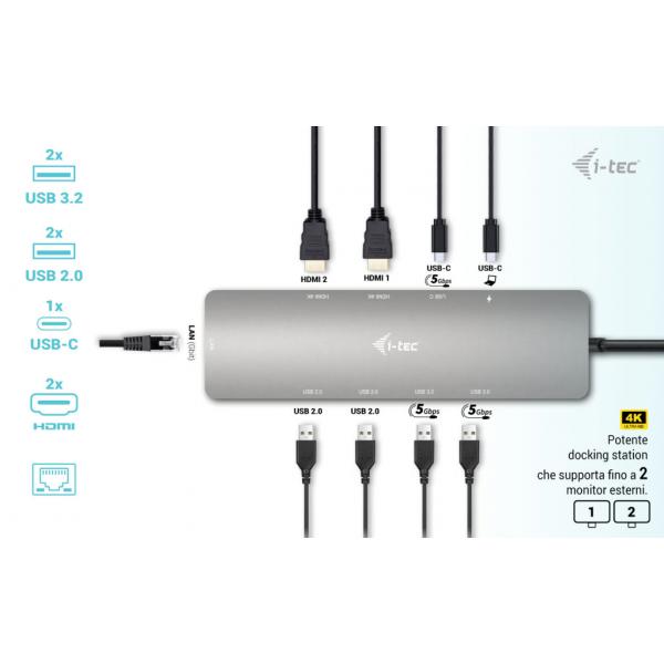 I-TEC USB-C NADNO 2x DISPLAY DOCKING STATION E POWER DELIVERY 100 W, METAL [C31NANOHDM2DOCPD]