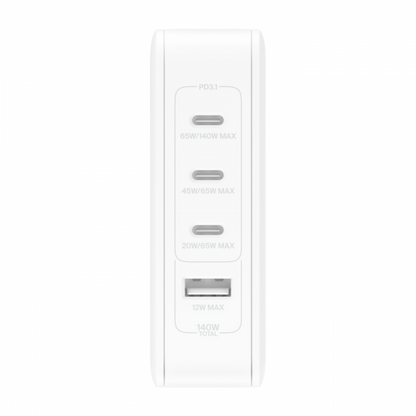 FUENTE DE ALIMENTACIÓN USB Belkin DE 140 W Y 4 PUERTOS CON ENCHUFE PARA REINO UNIDO, UE Y EE. UU. [WCH014BTWH]