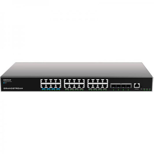 Layer 3 Managed Network Switch, 24x GbE RJ45 PoE 802.3 af/at, up to 60W per port, 4x SFP+, stackable, optional redundant PSU. Utilizzabile con il controller GWN sia in Cloud che on premise G [GWN7813P]