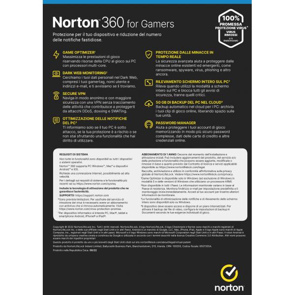 NORTON 360 FOR GAMERS 50GB IT 1 USER 3 DEVICE 1Y ATTACH VECCHIO CODICE 21416227 [21429372]