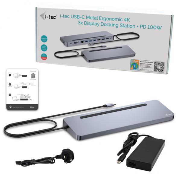 i-tec USB-C Metal Ergonomic 3x 4K Display Docking Station with Power Delivery 100 W + Universal Charger 100 W [C31FLAT2PDPRO100W]