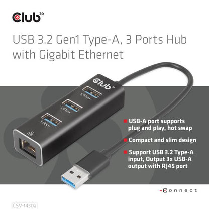 CLUB3D HUB USB 3.2 GEN1 TYPE A 3-Ports Gigabit Ethernet [CSV-1430A]