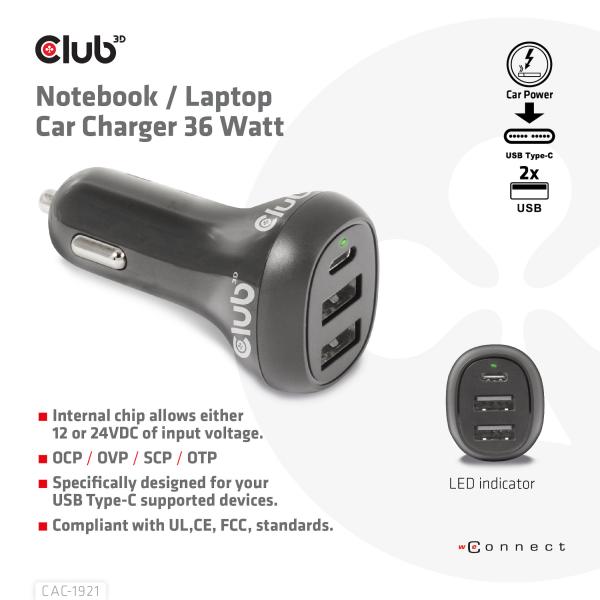 CLUB3D CARICATORE DA AUTO NOTEBOOK / LAPTOP 36 Watt/ 2USB A + 1USB C [CAC-1921]