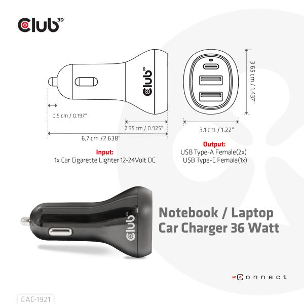 CLUB3D CARICATORE DA AUTO NOTEBOOK / LAPTOP 36 Watt/ 2USB A + 1USB C [CAC-1921]