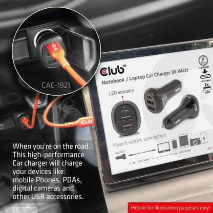 CLUB3D CARICATORE DA AUTO NOTEBOOK / LAPTOP 36 Watt/ 2USB A + 1USB C [CAC-1921]