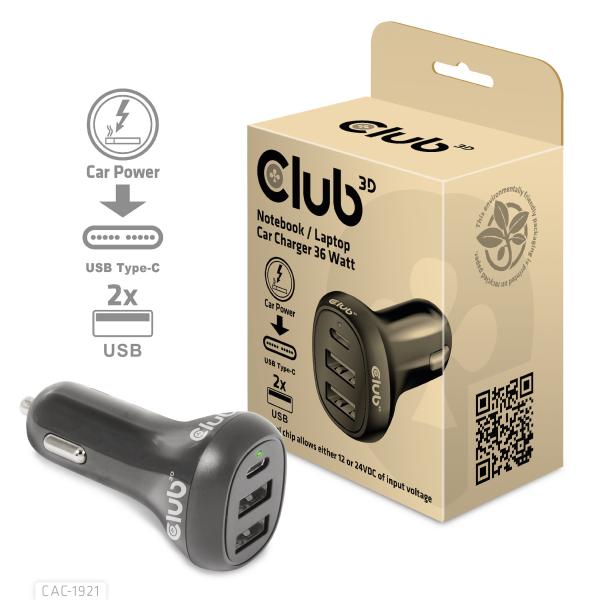 CLUB3D CARICATORE DA AUTO NOTEBOOK / LAPTOP 36 Watt/ 2USB A + 1USB C [CAC-1921]