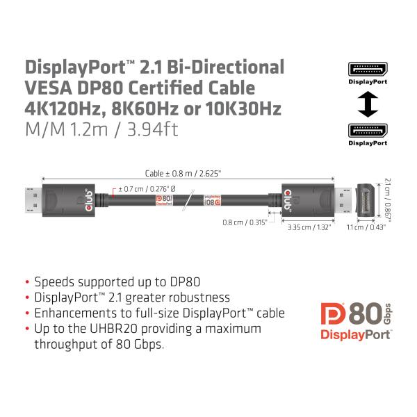 CLUB3D DISPLAYPORT 2.1 BI-DIRECTIONAL CABLE VESA DP80 4K120Hz, 8K60Hz or 10K30Hz M/M 1.2m/3.94ft [CAC-1091] 