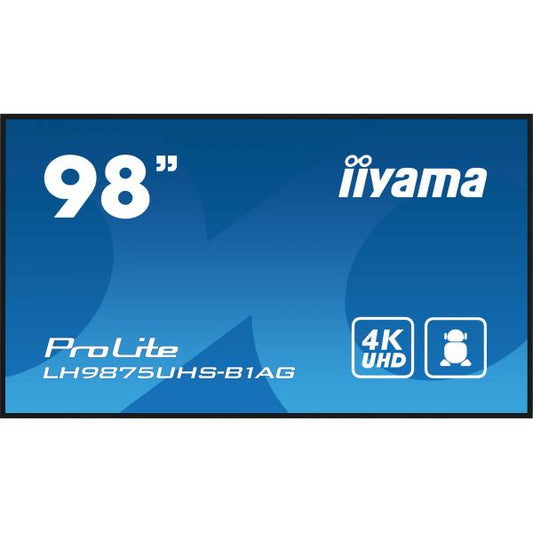iiyama PROLITE Pannello A digitale 2,49 m (98") LED Wi-Fi 500 cd/m 4K Ultra HD Nero Processore integrato Android 11 24/7 [LH9875UHS-B1AG]