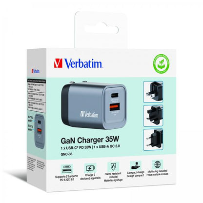 CARGADOR DE PARED VERBATIM CNG-35 CARGADOR GAN 2 PUERTOS 35W USB A/C (UE/UK/US) [32200]