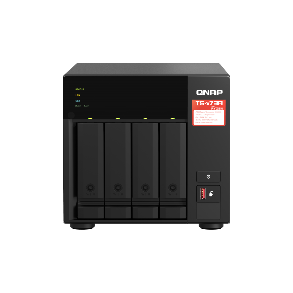 QNAP NAS - 4-bay NAS, AMD Ryzen V1000 series V1500B 4C/8T 2.2GHz, 8GB DDR4 RAM (2 x SODIMM slots, max. 64GB, optional ECC RAM support), 4x SATA 6Gb/s bays, 2x M.2 NVMe PCIe Gen3 SSD slots, 2 [TS-473A-SW5T]