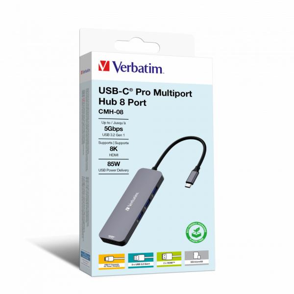 VERBATIM HUB MULTIPUERTO USB-C PRO 8 EN 1 HDMI 8K PD 85W [32151]