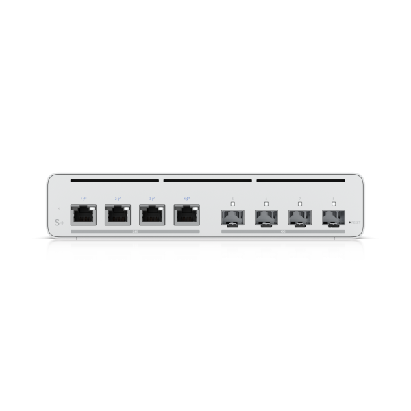 Ubiquiti - UISP-S-Plus-EU - Switch for ISP application with (4) 2.5 GbE RJ45 ports with 27V passive PoE output, (4) 10G SFP+ ports, 60W (27V) total PoE availability*, 20W/port (2-pair) / 40W [UISP-S-Plus-EU]