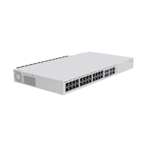 MikroTik, CloudRouterSwitch 326-4C+20G+2Q+RM with QCA9531 650MHz CPU, 128 MB RAM, 98DX8332 switch chip, 20 x 2.5G Eth ports, 4 x combo ports (10G RJ45 or SFP+), 2 x 40G QSFP+ cages, 1 x 100 [CRS326-4C+20G+2Q+RM]