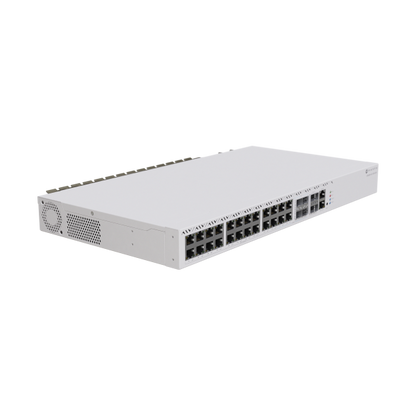 MikroTik, CloudRouterSwitch 326-4C+20G+2Q+RM with QCA9531 650MHz CPU, 128 MB RAM, 98DX8332 switch chip, 20 x 2.5G Eth ports, 4 x combo ports (10G RJ45 or SFP+), 2 x 40G QSFP+ cages, 1 x 100 [CRS326-4C+20G+2Q+RM]