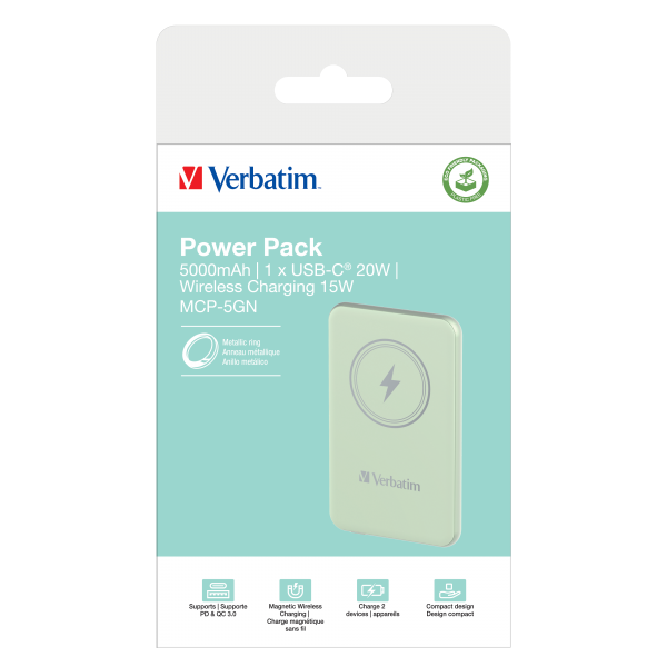 VERBATIM POWER BANK WIRELESS MAGNETICO 5000 mAh VERDE [32241]