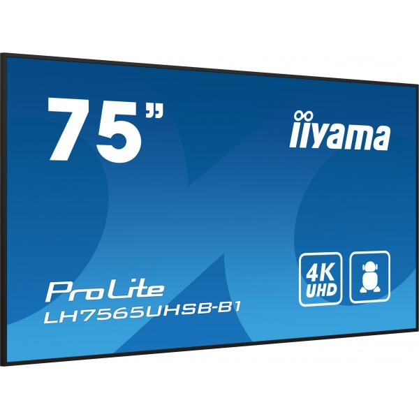 iiyama LH7575UHS-B1AG Visor de mensajes Pantalla plana de señalización digital 190,5 cm (75") LCD Wi-Fi 500 cd/m 4K Ultra HD Negro Procesador incorporado Android 11 24/7 [LH7575UHS-B1AG] 