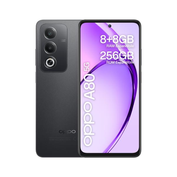 OPPO A80 5G Smartphone, Cámara Dual AI 50+2MP, Selfie 8MP, Pantalla 6.67 120HZ LCD HD+, 5100mAh, RAM 16 GB (8+8) + ROM 256GB, IP54, [Versión Italia], Negro Estrellado [0116060287]