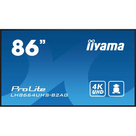 iiyama LH8664UHS-B2AG Visor de mensajes Pantalla plana de señalización digital 2,18 m (86") Wi-Fi 500 cd/m 4K Ultra HD Negro Procesador incorporado Android 24/7 [LH8664UHS-B2AG] 