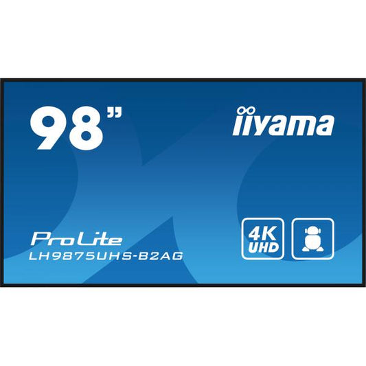 iiyama LH9875UHS-B2AG Pantalla de mensajes Señalización digital Panel plano 2,48 m (97.5") LED Wi-Fi 500 cd/m 4K Ultra HD Negro Procesador incorporado Android 11 24/7 [LH9875UHS-B2AG] 